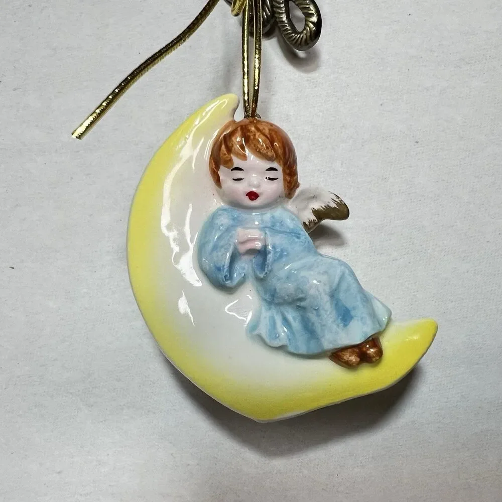 Vintage Pier 1 Japan Porcelain Sleeping Angel Christmas Ornament Blue Moon